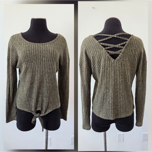 Green Ribknit Top Corset Tie Strappy Shirt Hippie Gypsy Casual Neutral Earthy - Picture 1 of 10